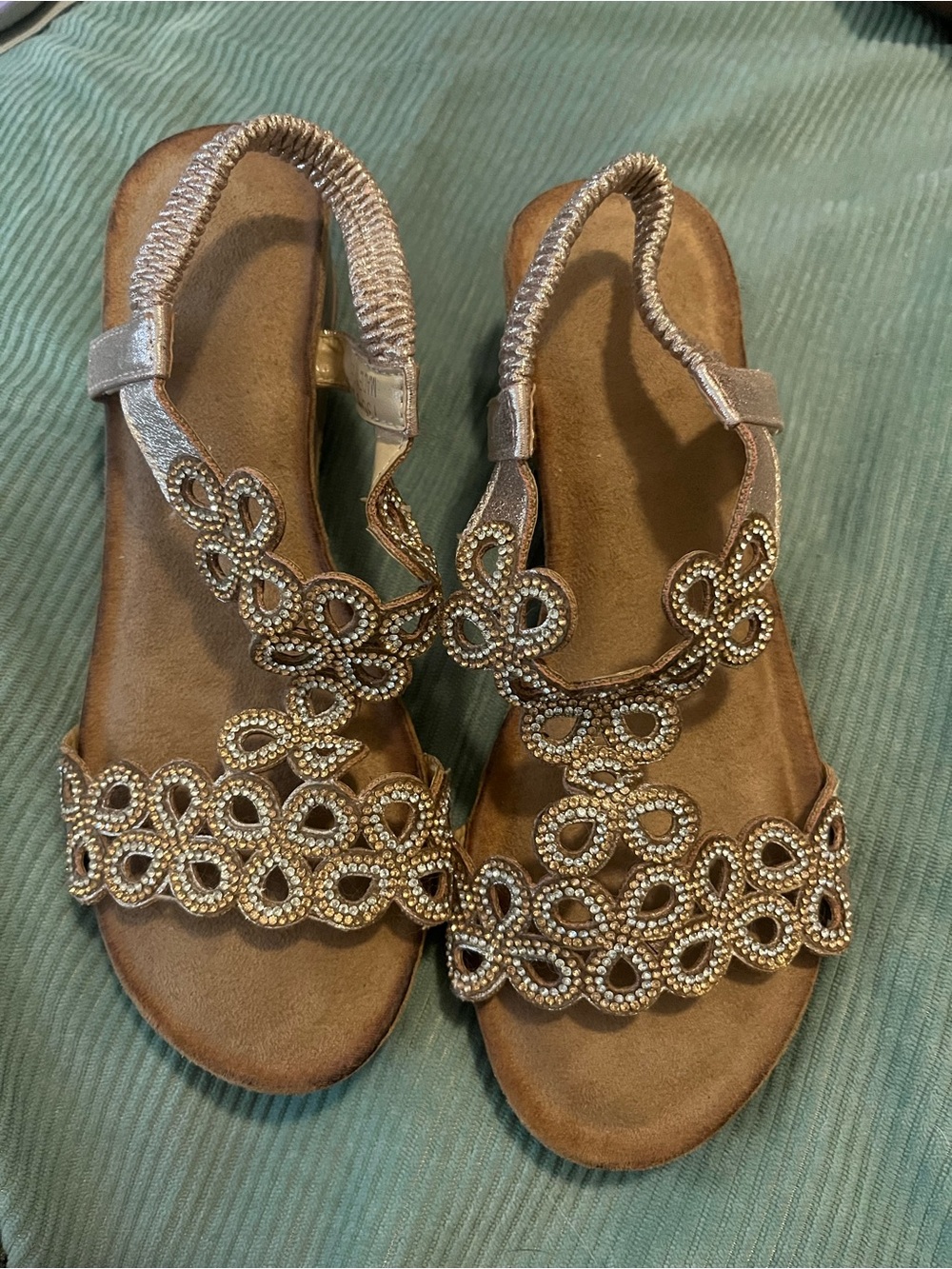 Amazon Women's Tan Sandals with Silver Beaded Embellishments
